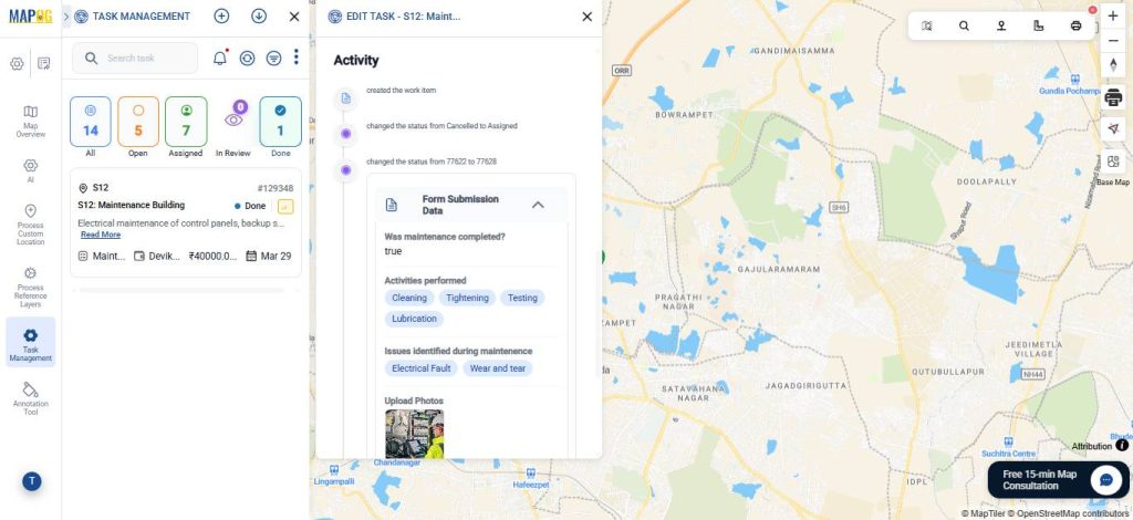 Review submissions and completion forms of the manage builder tasks map
