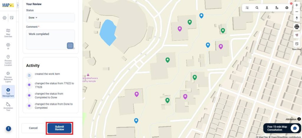 In review section of the manage builder tasks map