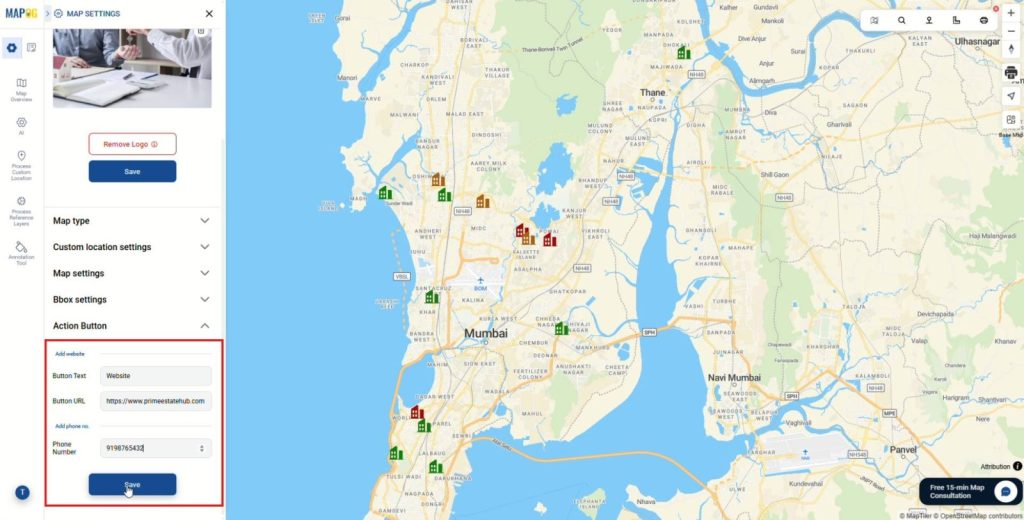 Manage Scattered Property Listings with action buttons for website and contact on map settings