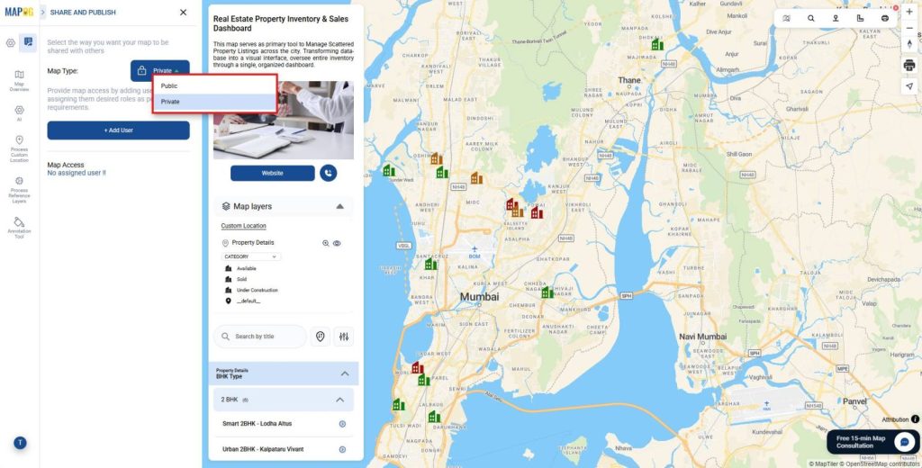 Scattered Property Listings with map sharing and publishing options