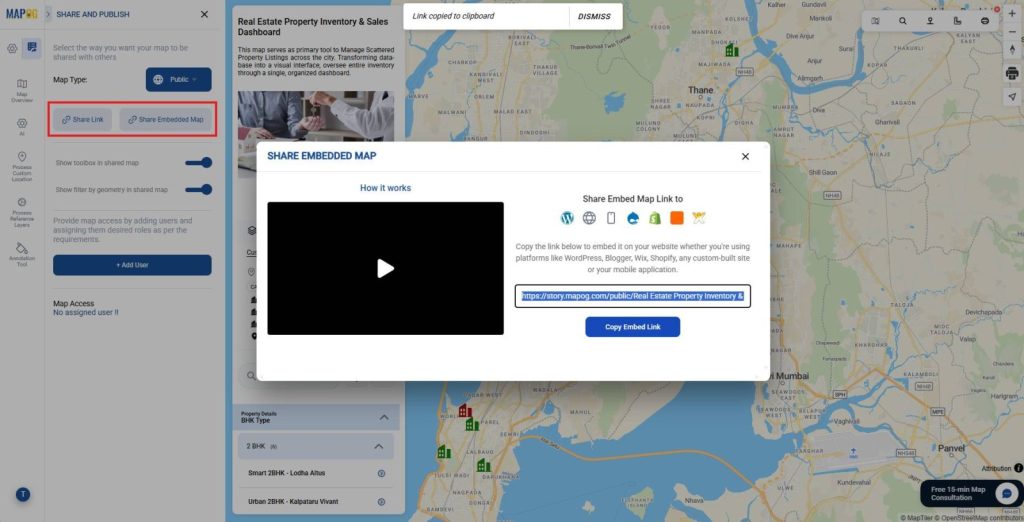Generating shareable link or embedded map link for public access