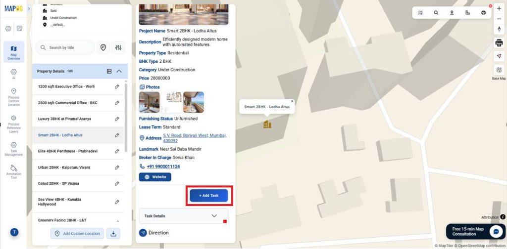 Selecting the Add task for Manage Site Visits