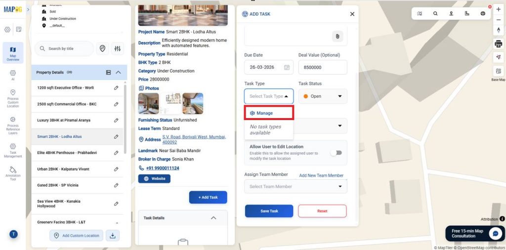 Giving the task type for Manage Site Visits