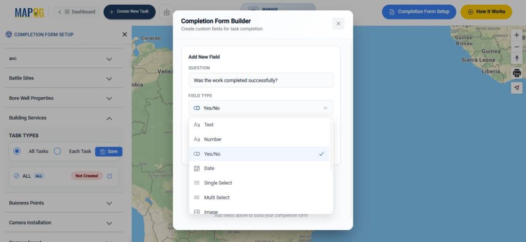 add questions to completion form for manage builder tasks map