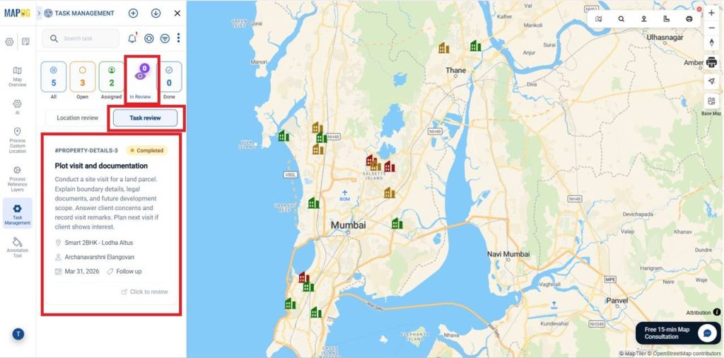 Review section on the dashboard 