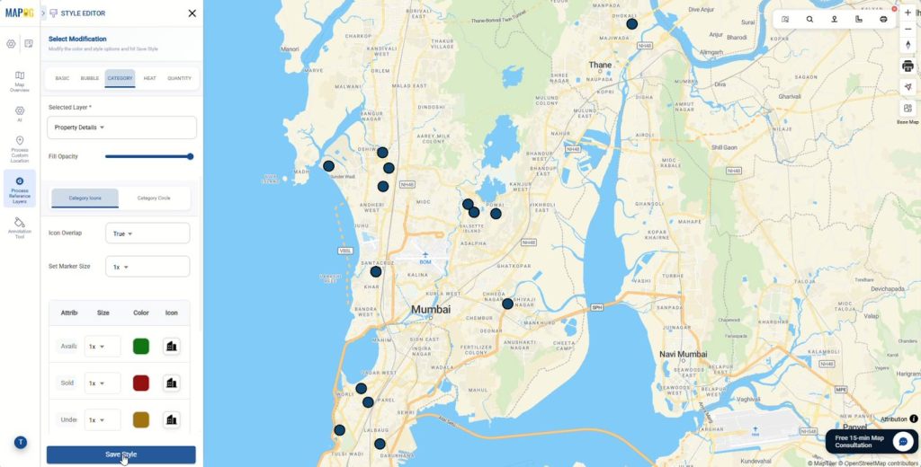 Category-based styling with color-coded property markers