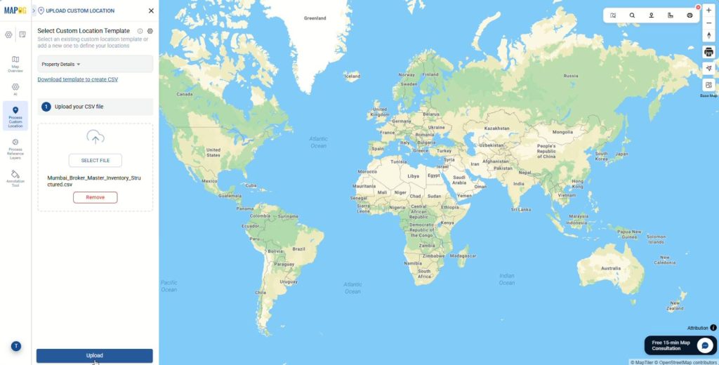 Uploading prepared scattered property list Excel or CSV file.