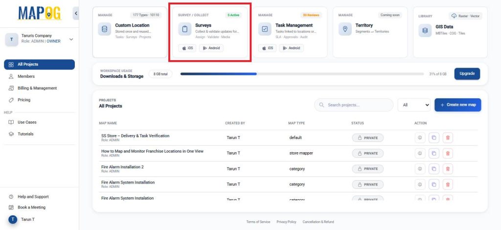 Survey section MAPOG dashboard