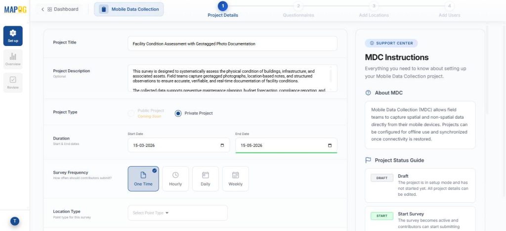 Create a new project to capture inspection photos and notes from field