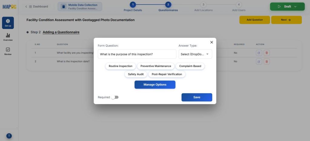 Manage options for the questions created