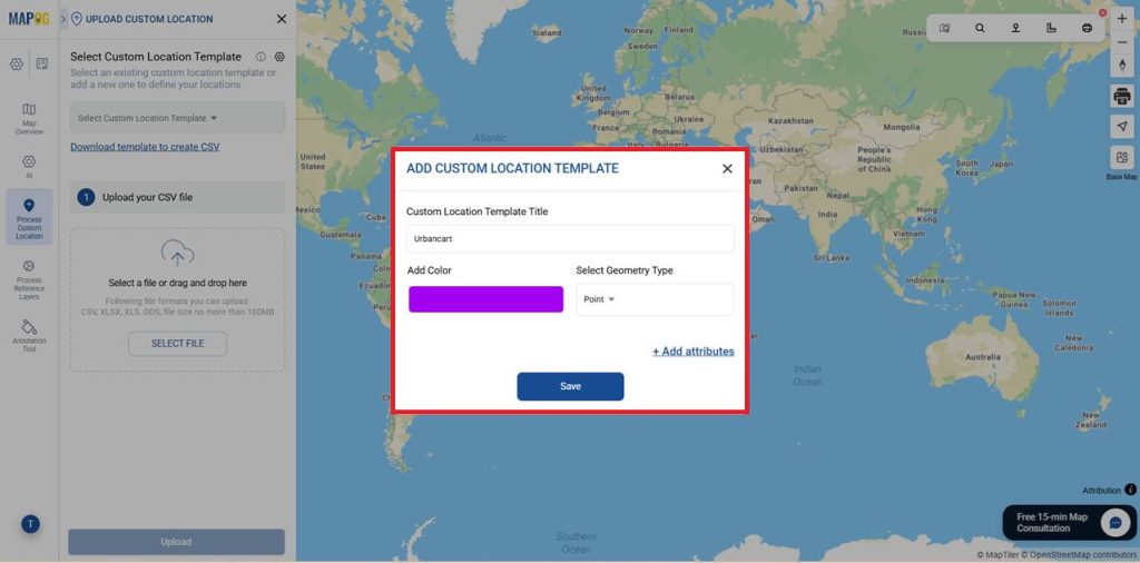 Entering details on custom location template