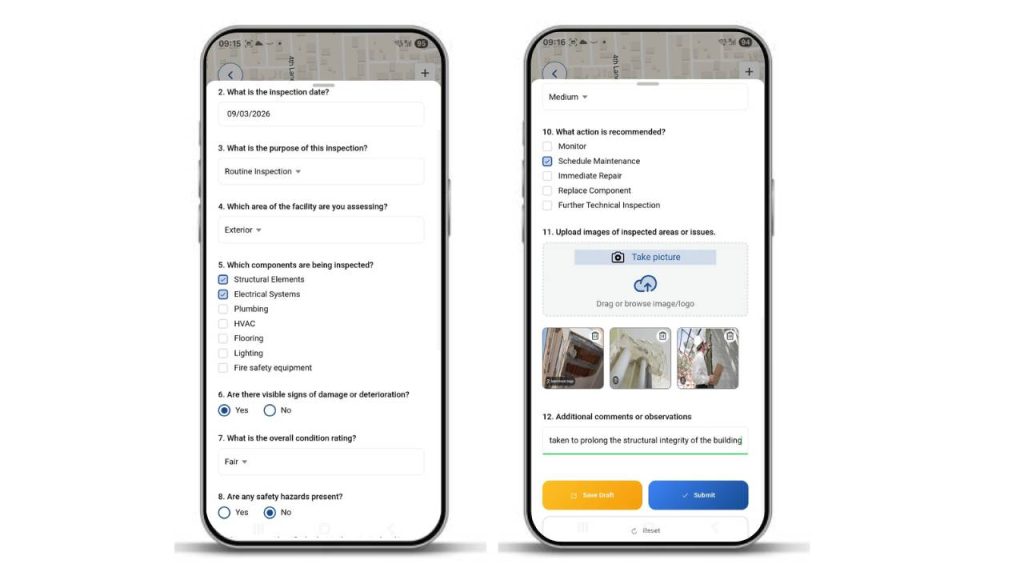 fill in the questionnaire and upload the captured inspection photos and notes