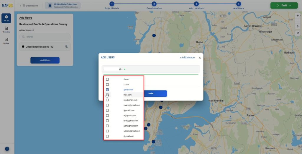 Inviting users and assigning roles in survey management dashboard