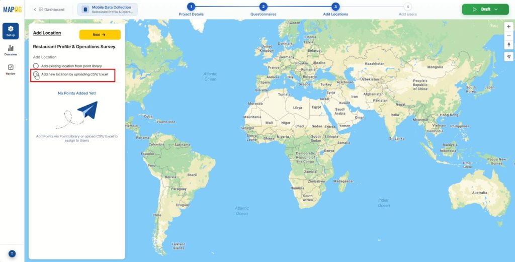 Selecting Add new locations by uploading CSV/Excel for On-Site Surveys and Inspections