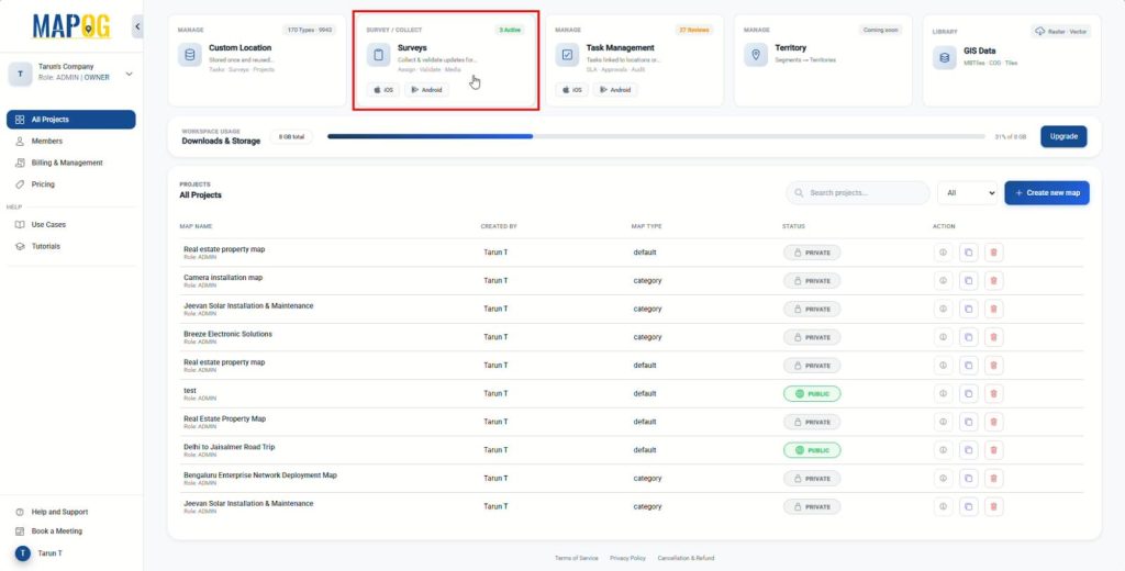 MAPOG dashboard showing all project management interface