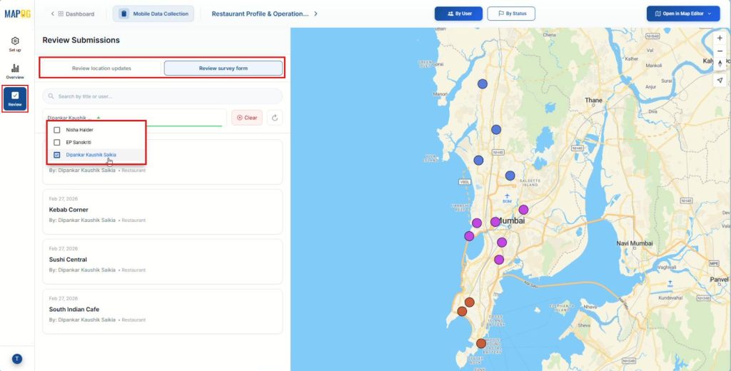 Filtering submitted On-Site Surveys and Inspections form by contributor