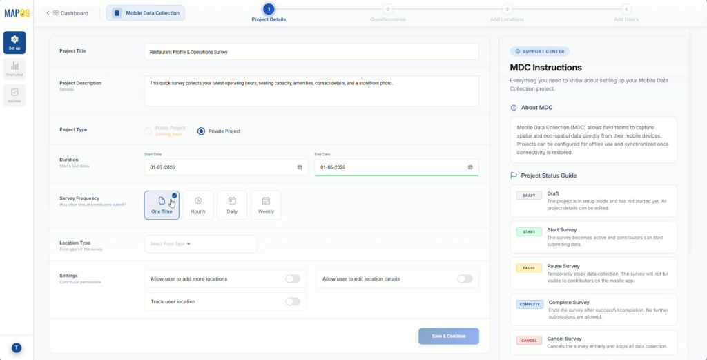 Creating a new survey project in MAPOG platform