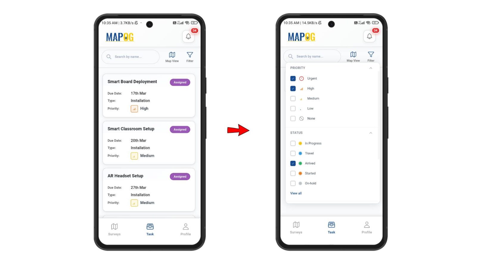 MAPOG Contributor App dashboard showing assignees viewing and filtering tasks to assign installation jobs to locations