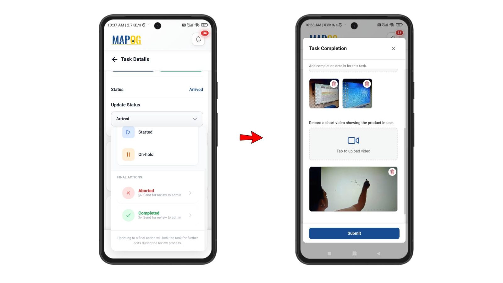 Shows updating task status as  Completed and filling completion form for onsite reporting.
