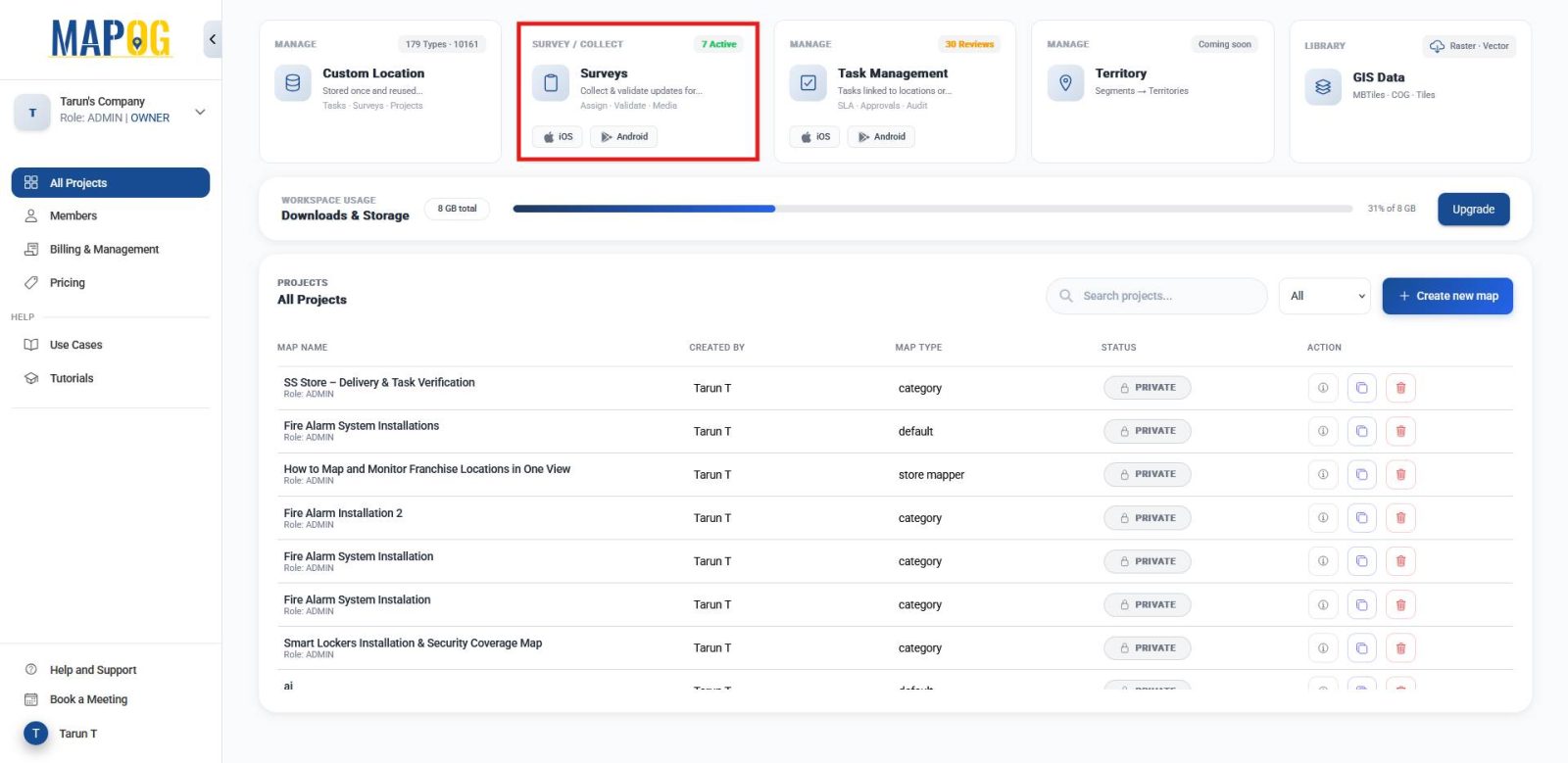 Interface showing survey section used to search properties and perform feasibility setup.