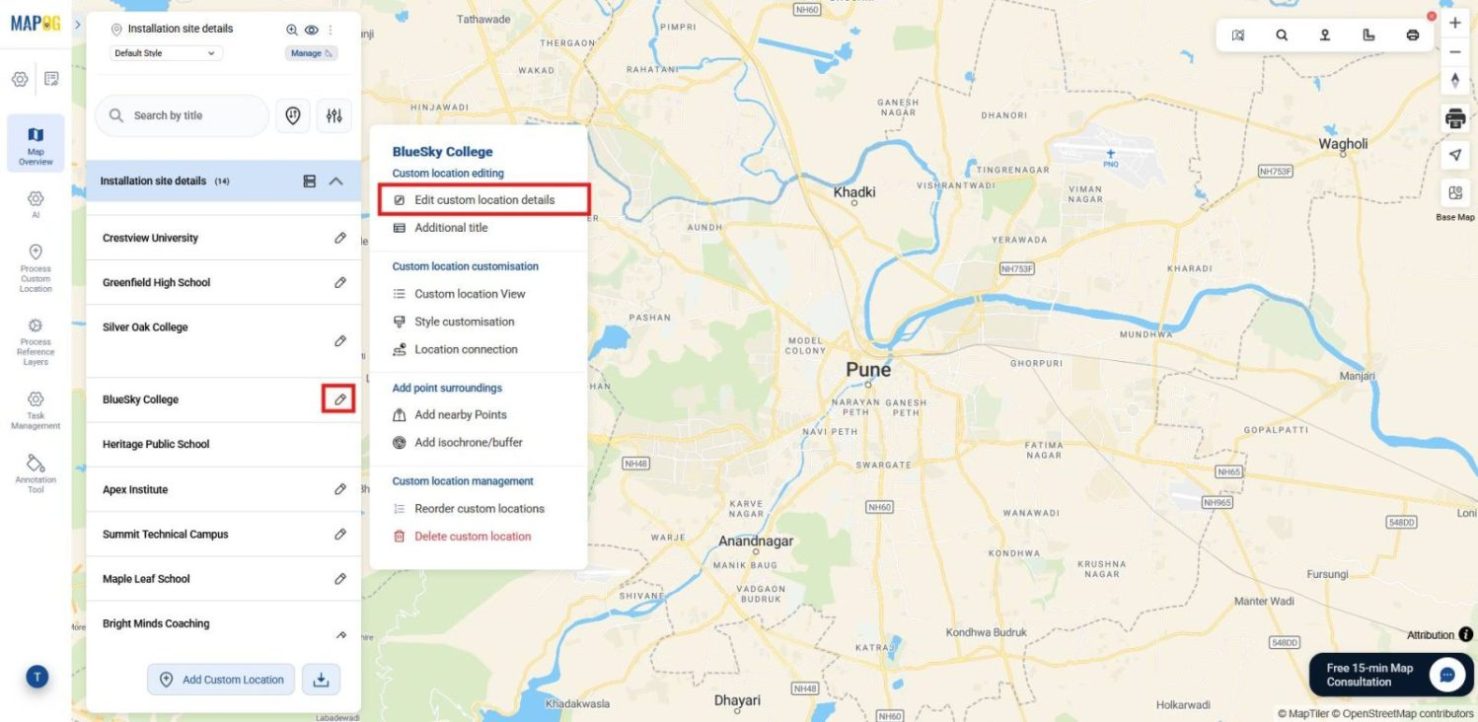 Editing a custom location  before assigning installation jobs to locations.