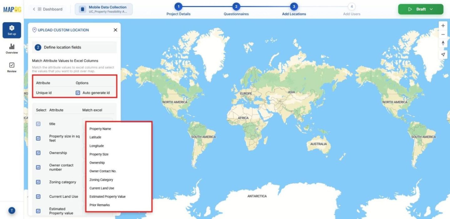 Shows system generating unique IDs with Auto Generate ID for property points and matching attributes to Excel columns.