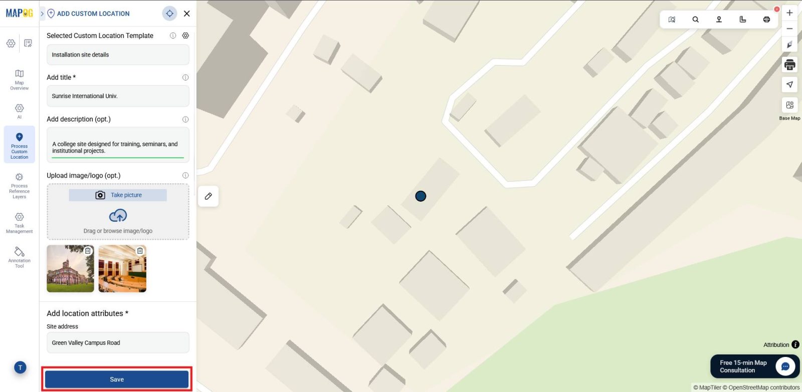 Shows adding images and descriptions to a site for detailed information.