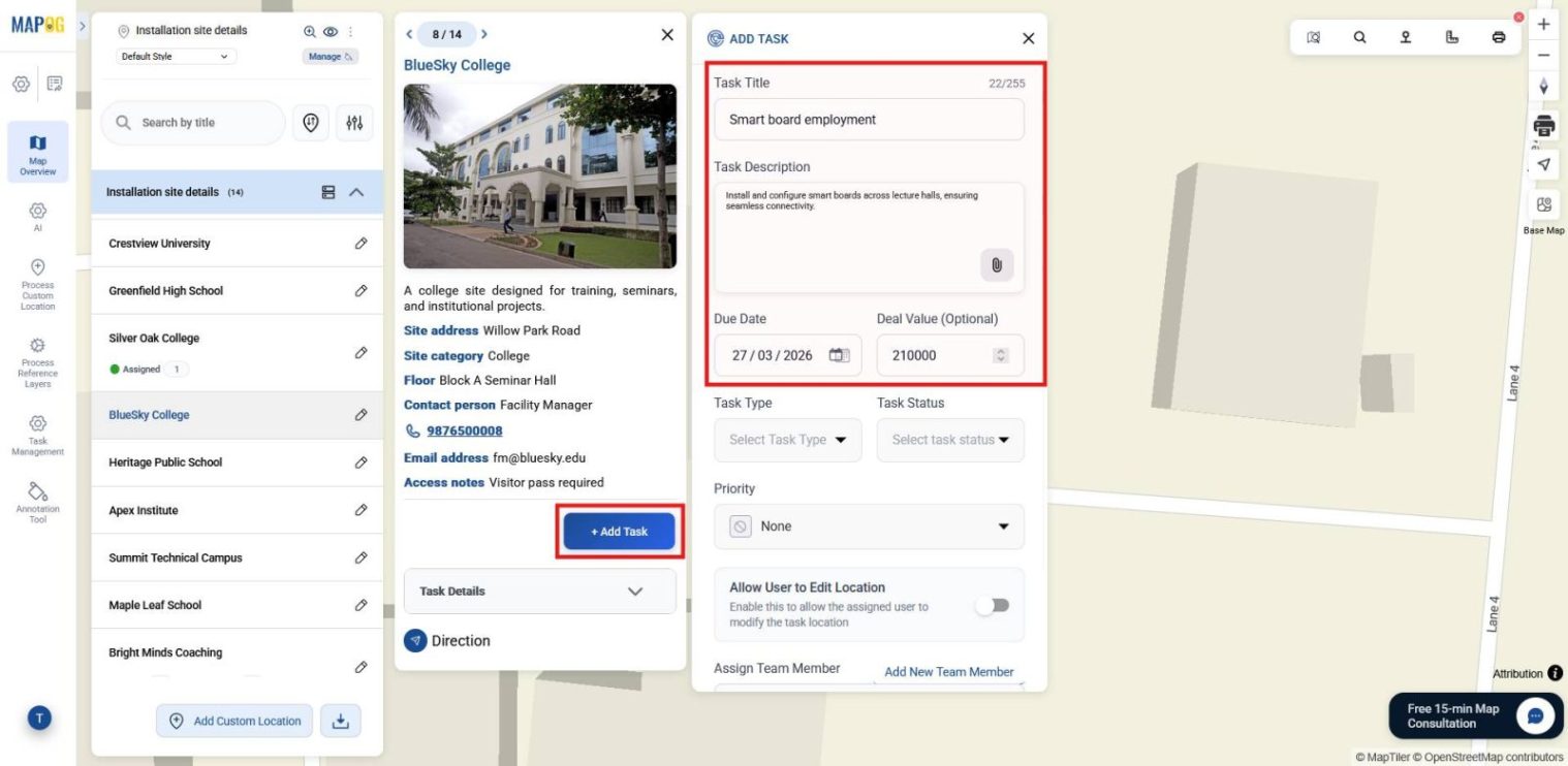 Task creation screen with title, description, due date, and deal value for managing site tasks.