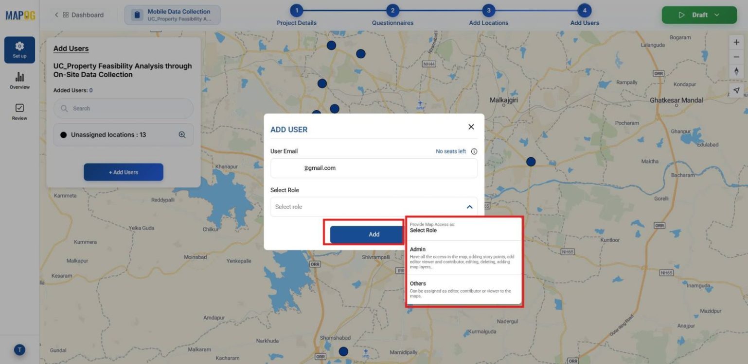Interface showing adding member's email id and Role selection  such as  Admin and Other permissions for property survey tasks