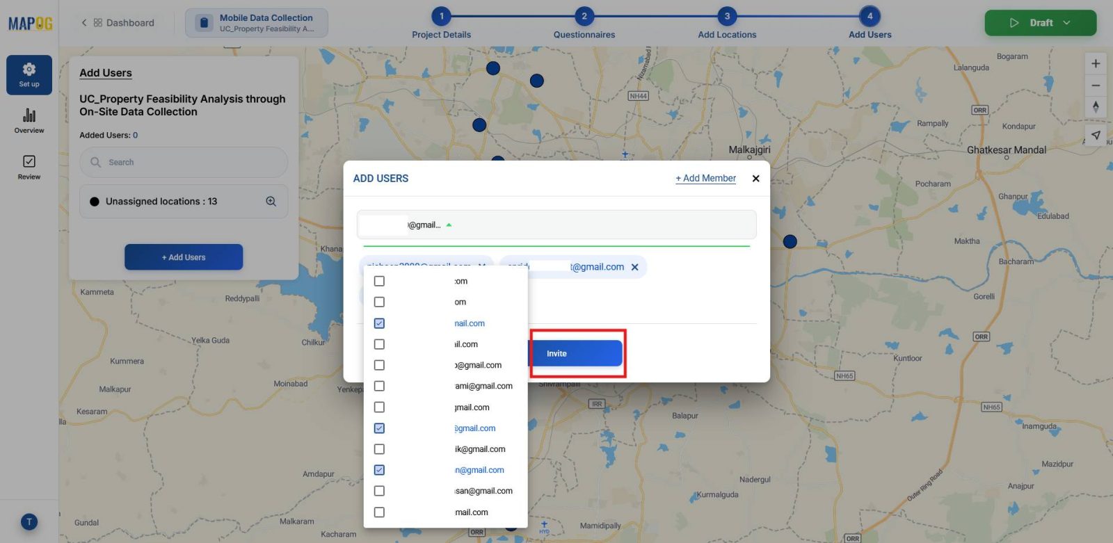 Showing the drop-down menu to select team members and send invites for feasibility survey