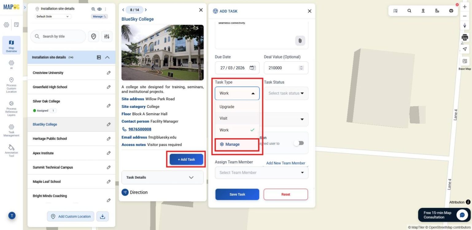 Shows selecting task type such as Fix, Change, or Others to categorize assignments.