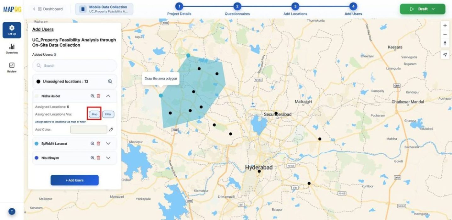 Shows  map option and its polygon drawing tool used to assign plots to team members on property map