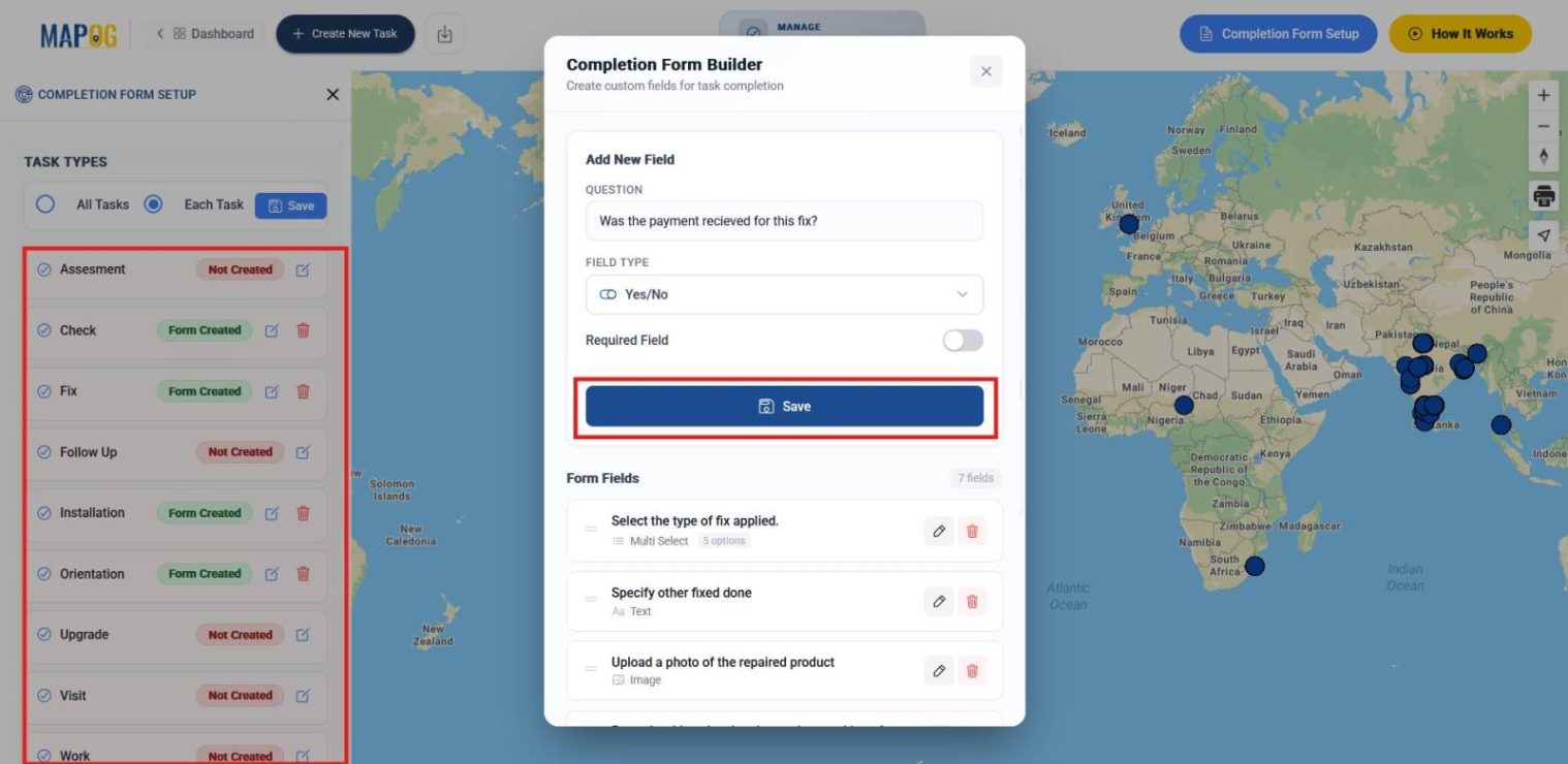 Shows building task-specific completion form with checkpoints for accurate reporting.