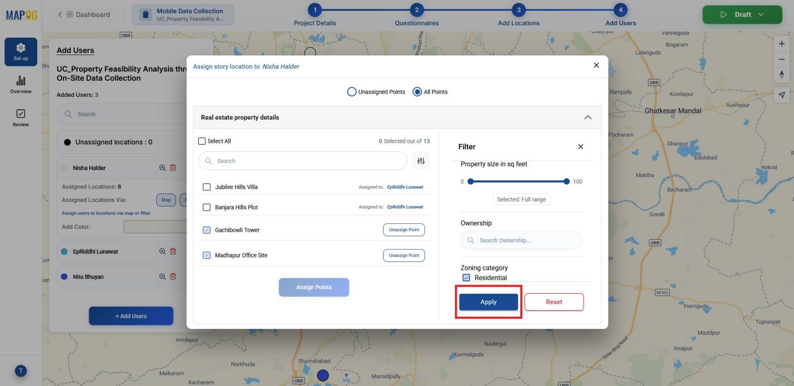 Shows filter options by zoning category, property size, and accessibility for search properties and perform feasibility