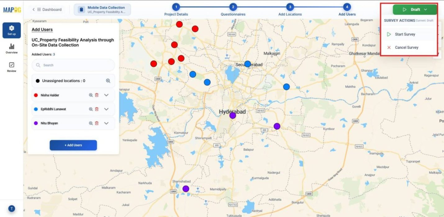 Draft section showing Start Survey button to launch feasibility data collection.
