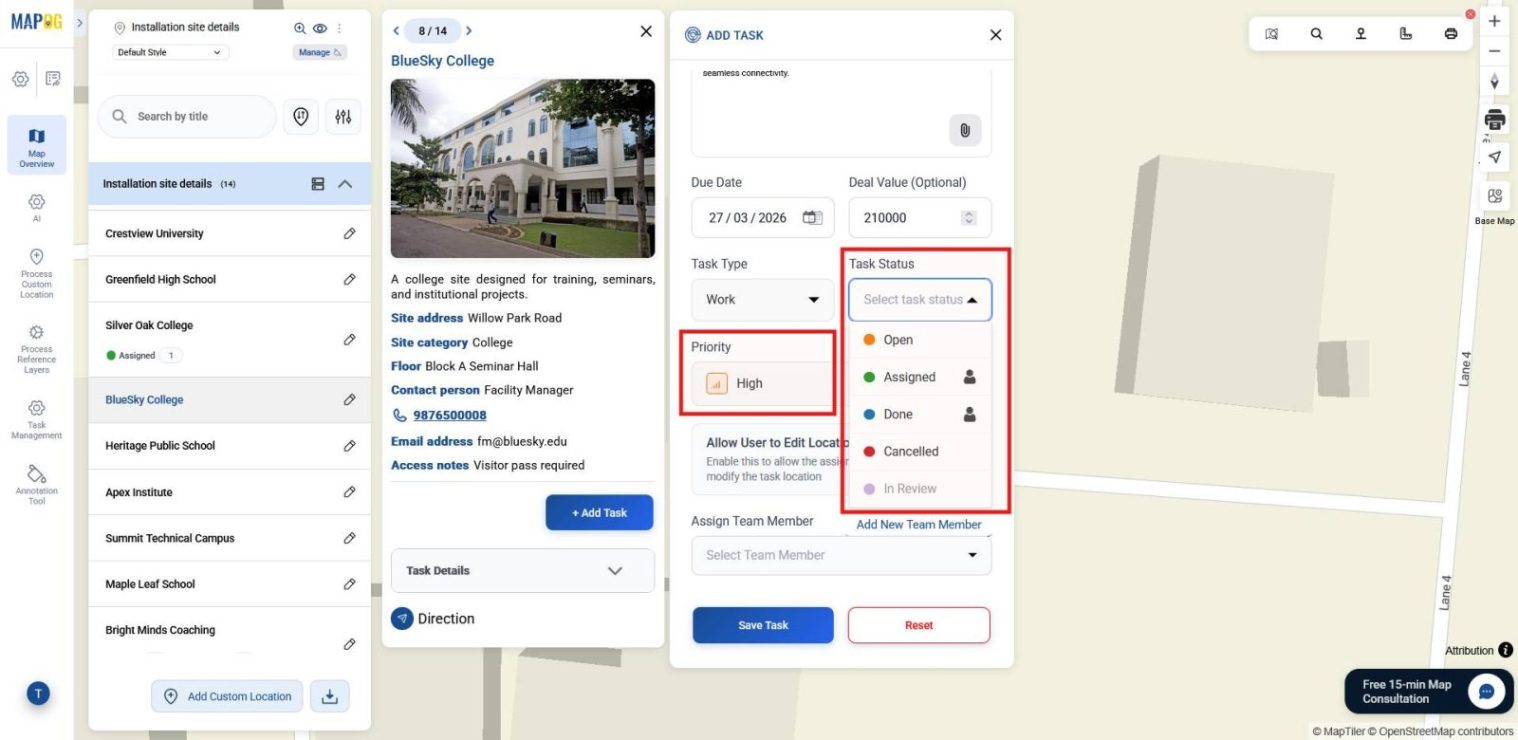Shows setting task status and priority levels like Urgent, High, Medium, or Low.
