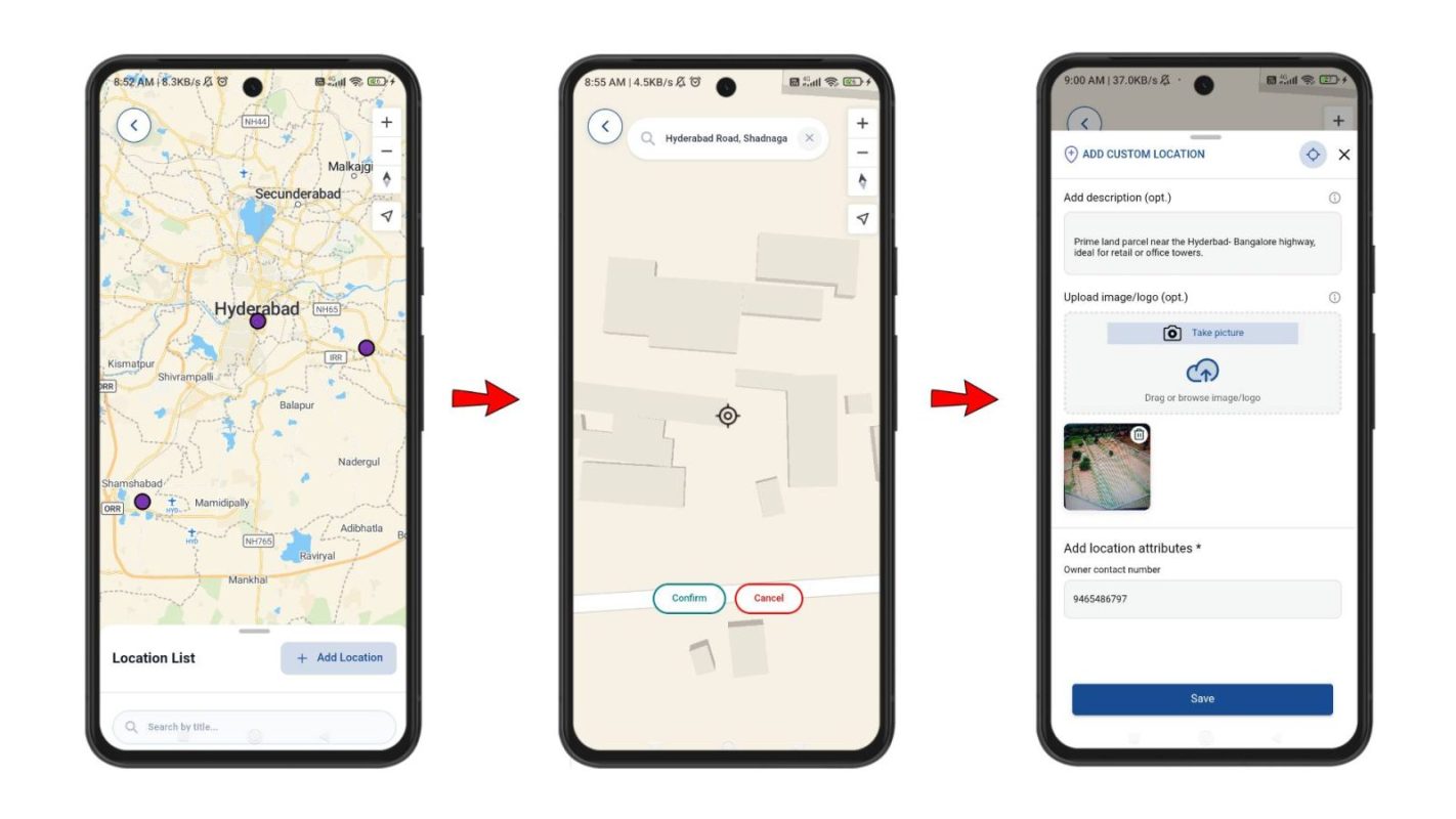 Contributor app showing assigned property points with Add Location option and details for new site.
