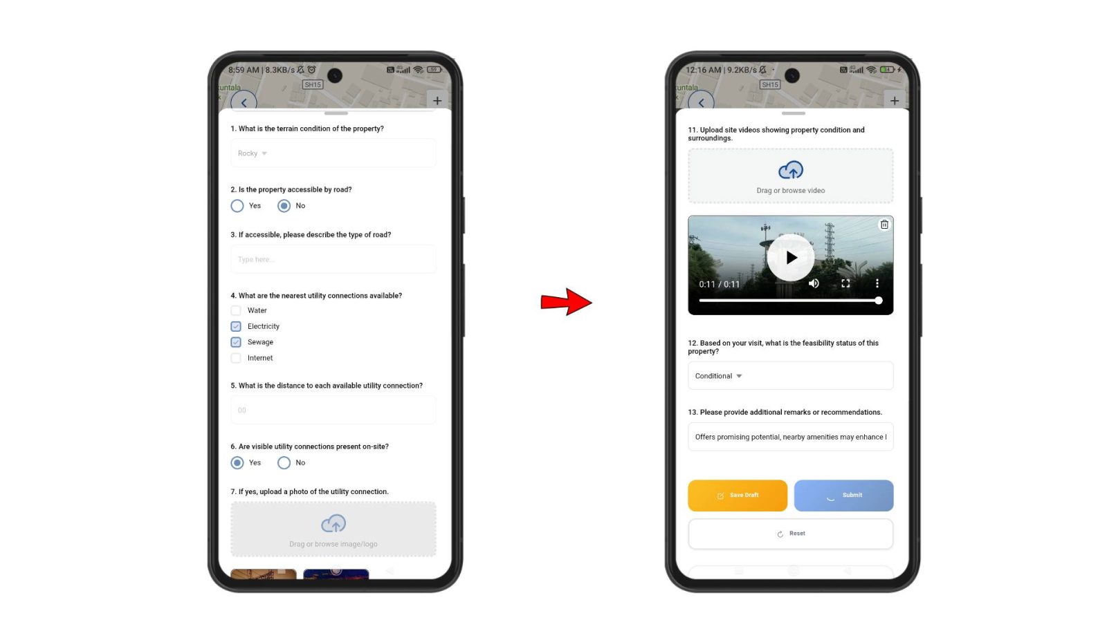 Shows onsite entry of property details, photos, and feasibility responses in contributor app, with submissions syncing to MAPOG.