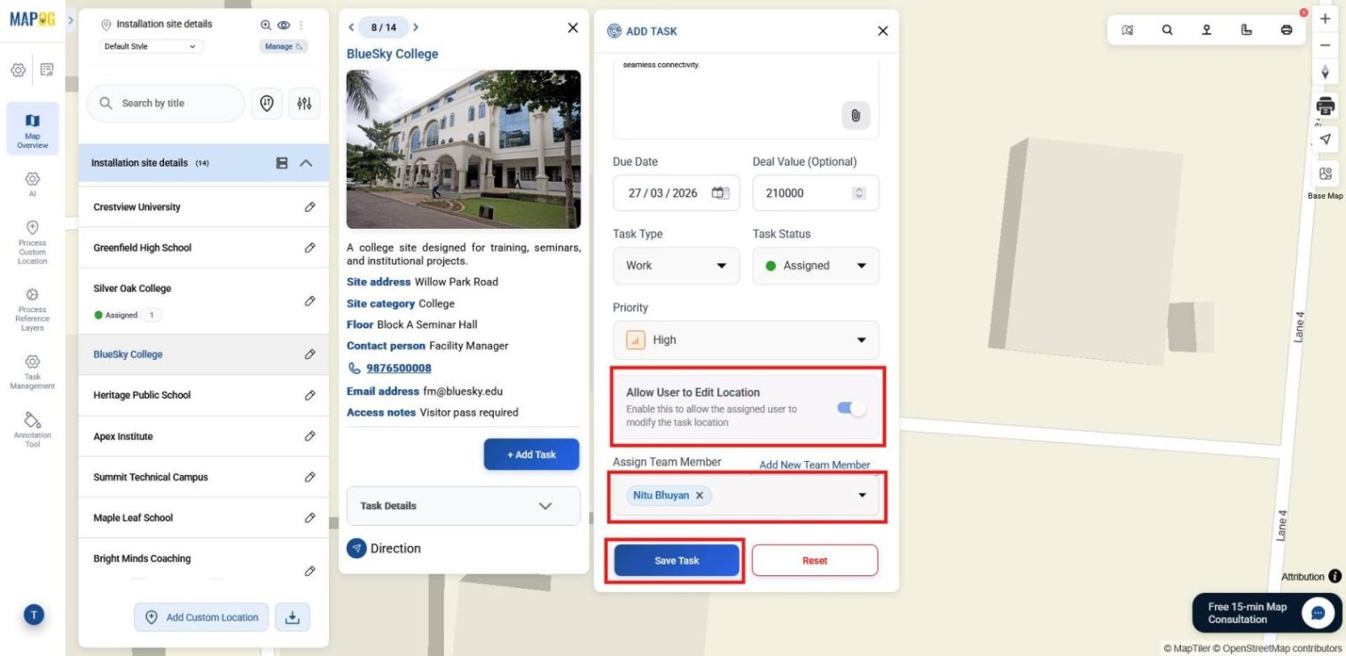 Shows selecting members from the dropdown, enabling efficient assignment of installation jobs to locations.