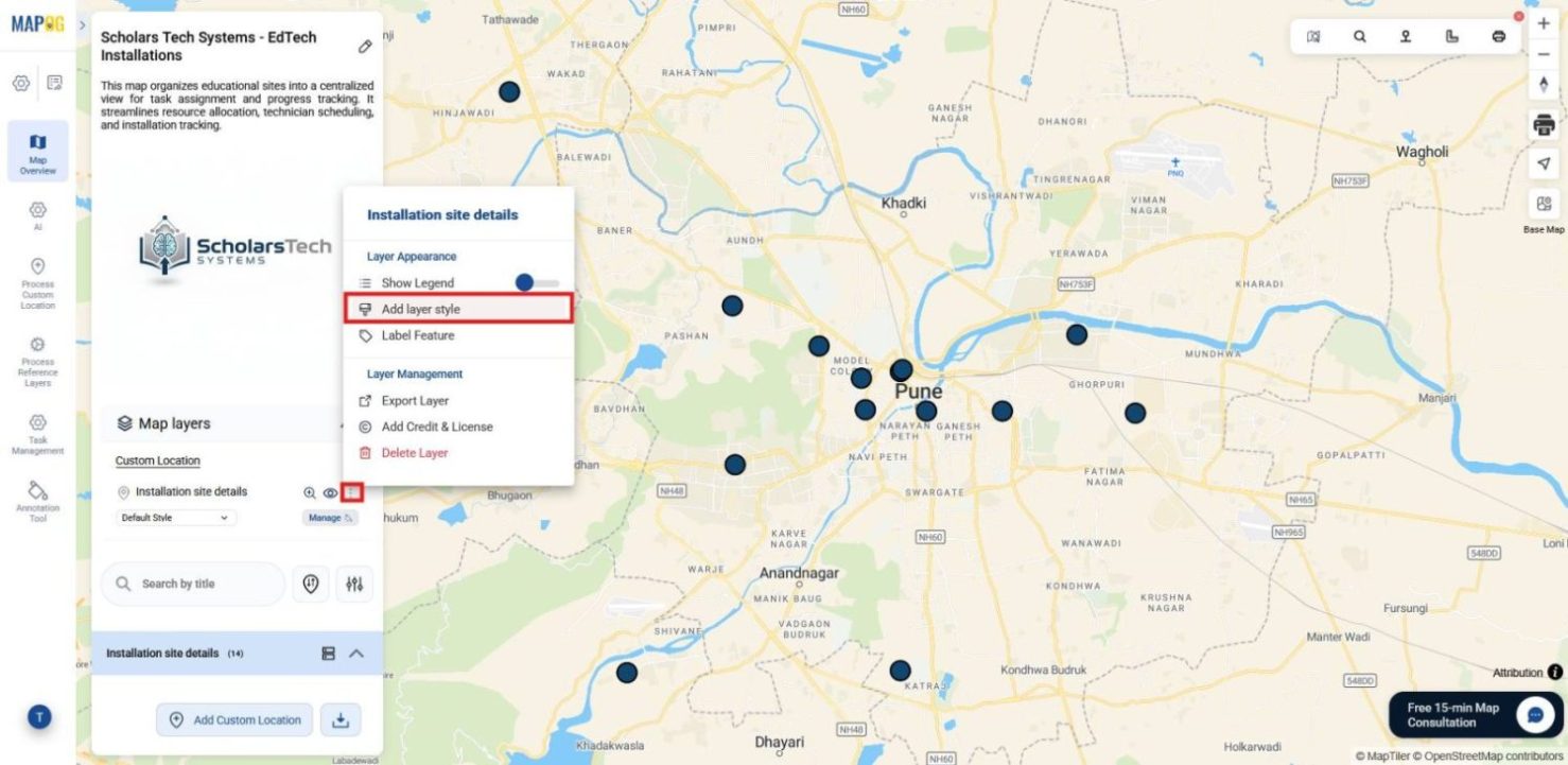 Map Layers panel showing Add Layer Style for better visualization of task locations.