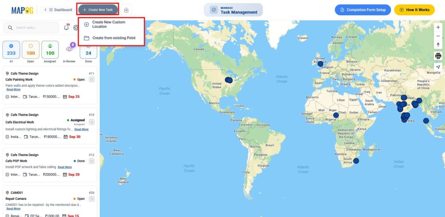Shows Clicking “Create New Task” and choosing custom or existing location for assigning installation jobs to locations.