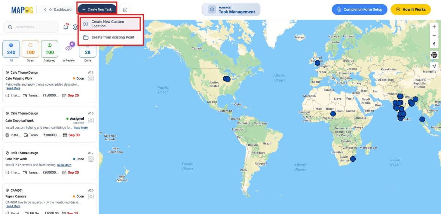 Create New Task screen with options to create a custom location or select an existing point.