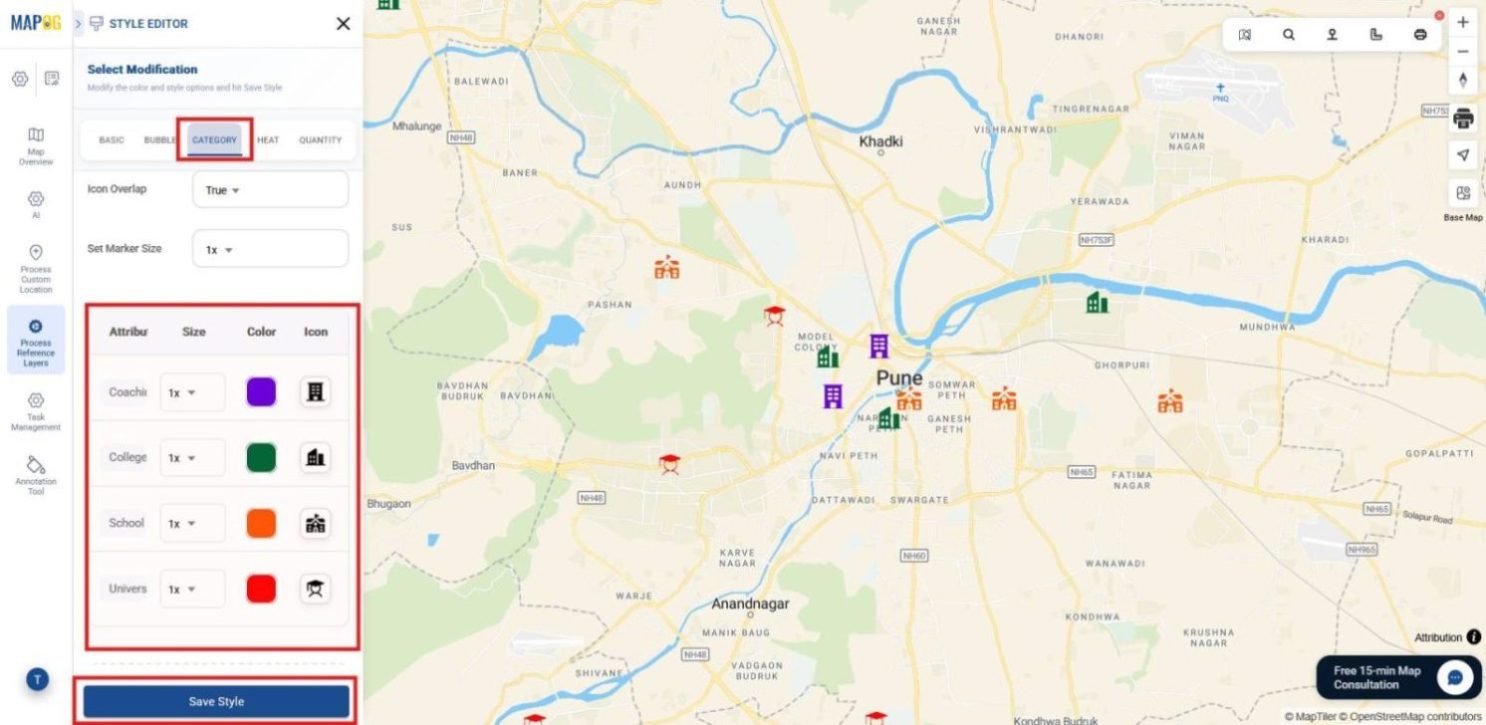 Applying color coding, icons, and selecting attributes to organize map view.
