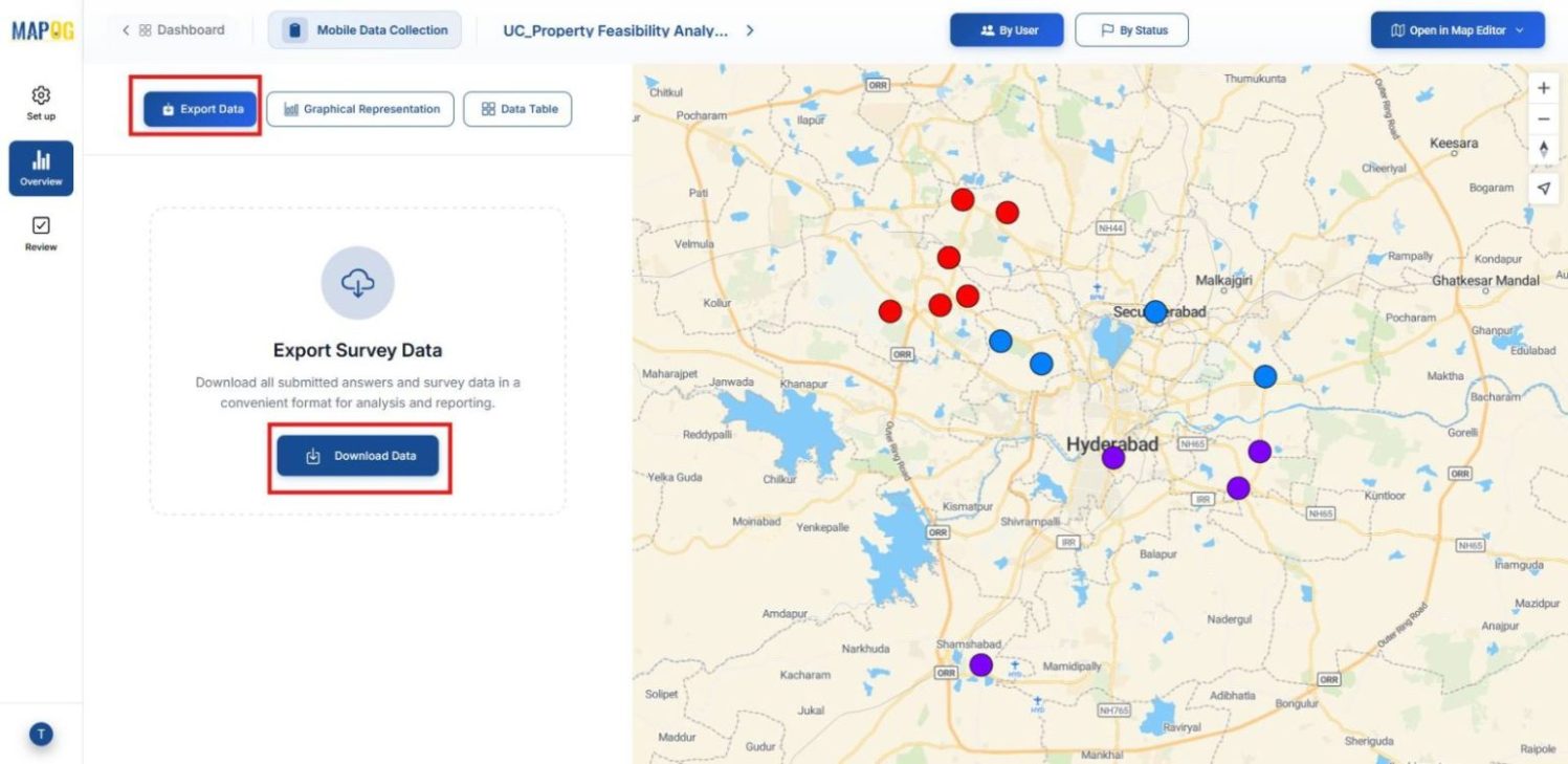 Displaying Export Data option for downloading feasibility survey results.
