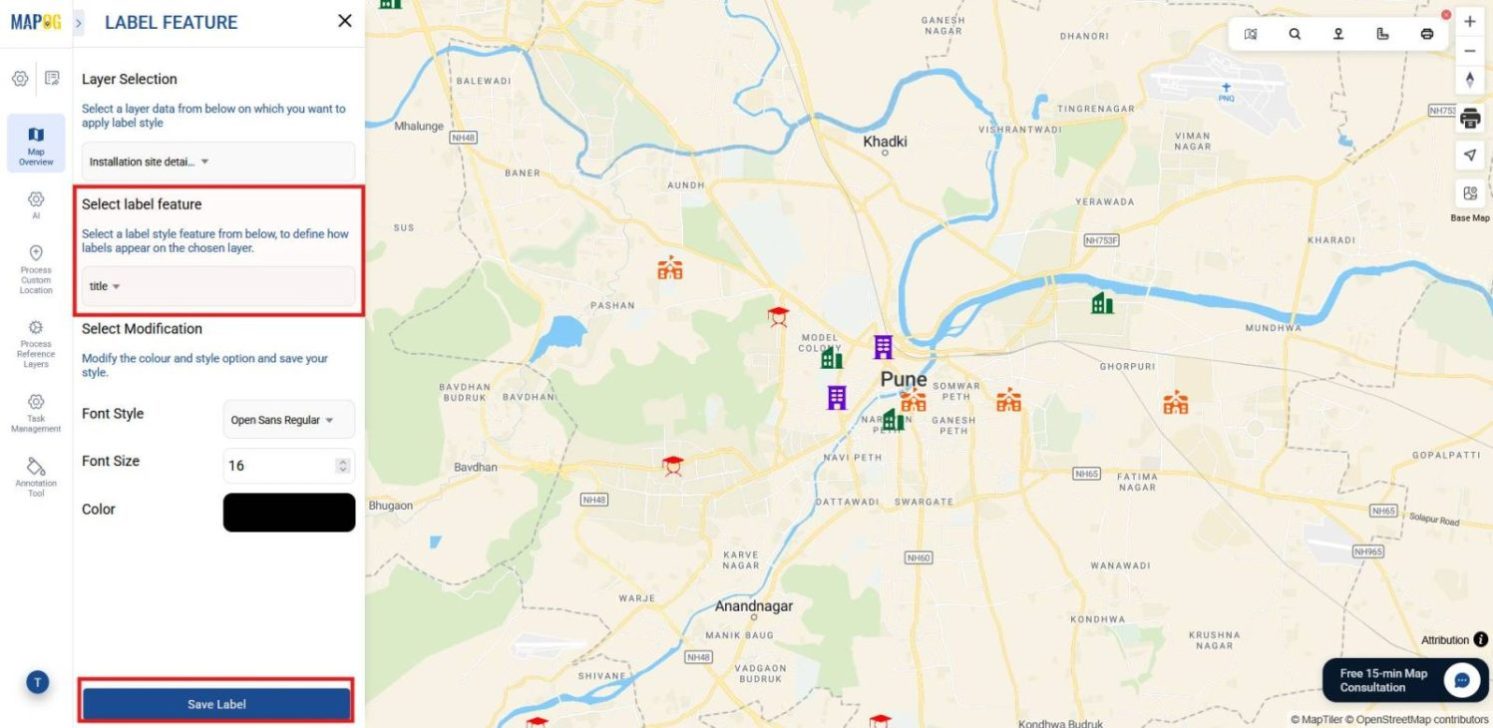 Label Feature settings showing selecting an attribute to display on the map for clarity.