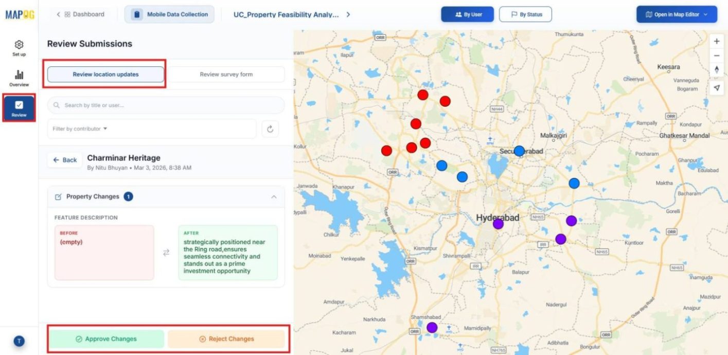 Interface displaying admin reviewing property location updates with confirm or reject option.