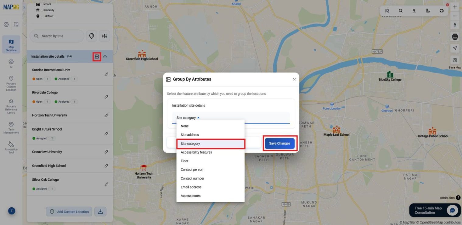 Group By Attributes tool arranging sites by region, type, or status to manage tasks efficiently.