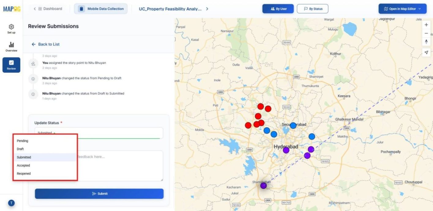 Shows reviewing survey forms with statuses panel like Submitted, Accepted, Reopened.