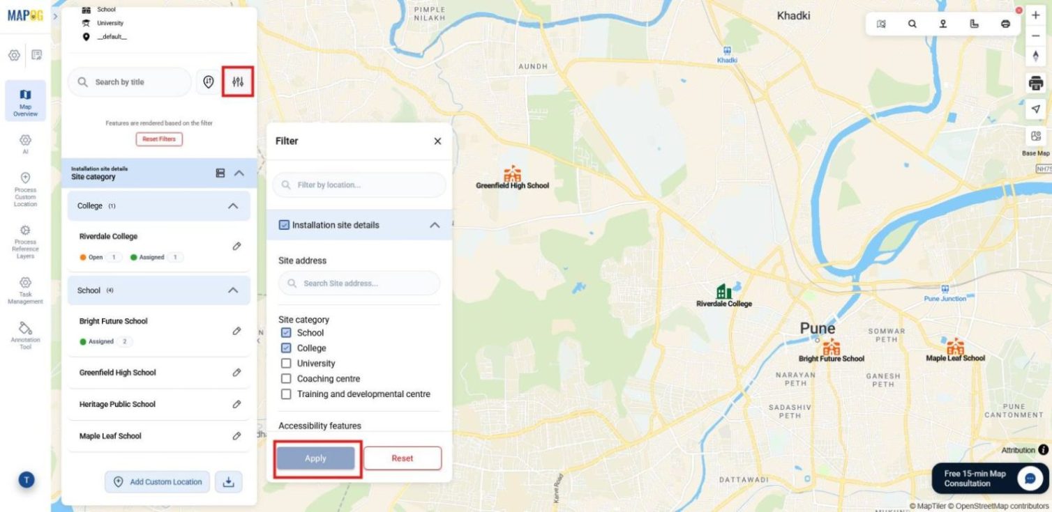 Filter tool displaying attributes such as site category, address, or client name for easier monitoring.