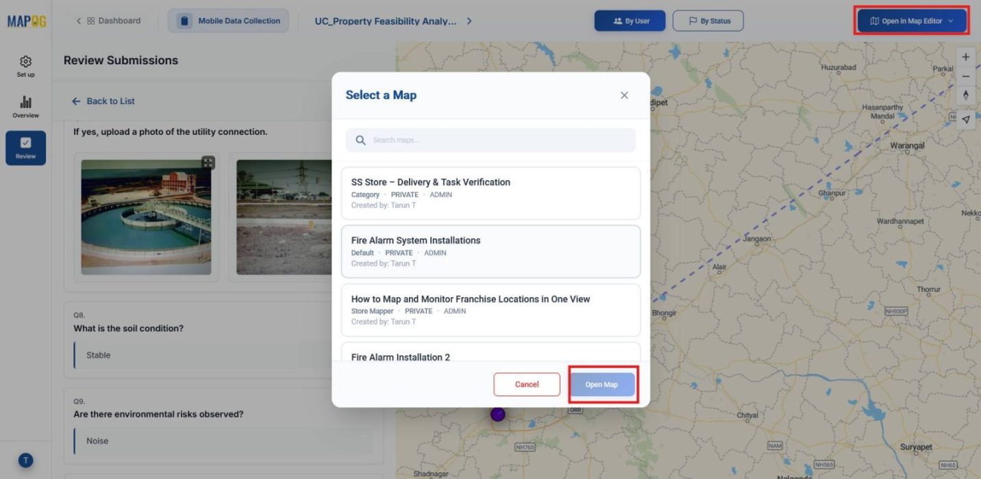 Displaying open in Map Editor option to visualize property points, search properties and perform feasibility in new or existing projects.
